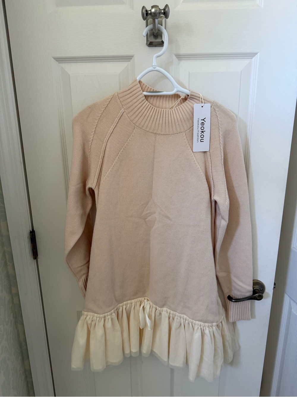 Yeokou Beige Ruffle Hem Turtleneck Long Sweater